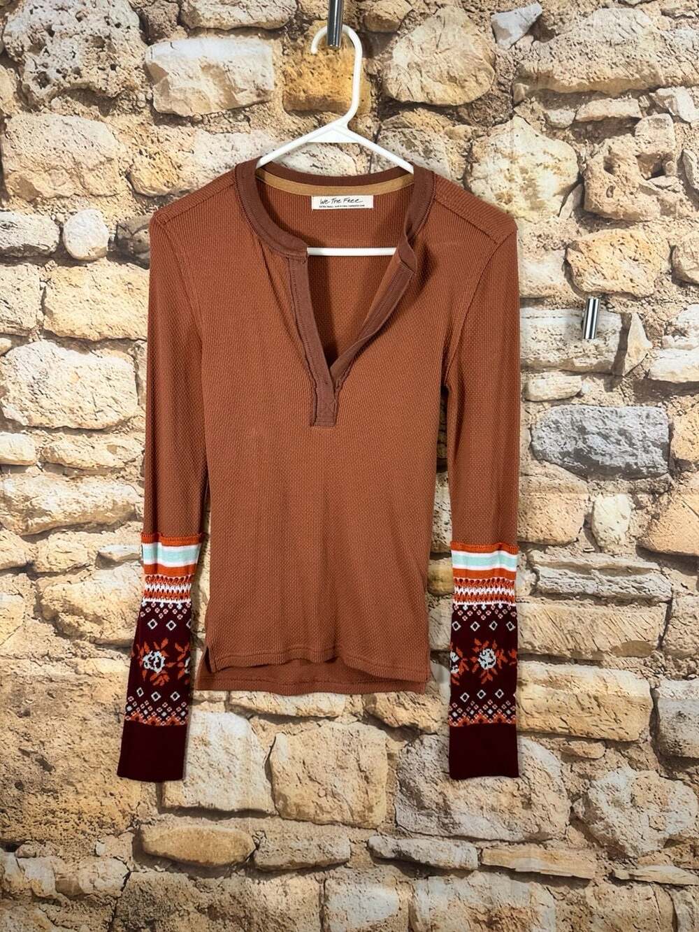 We The Free Mikah Thermal Henley Top Size Extra Small Brown Fair Isle Sleeves